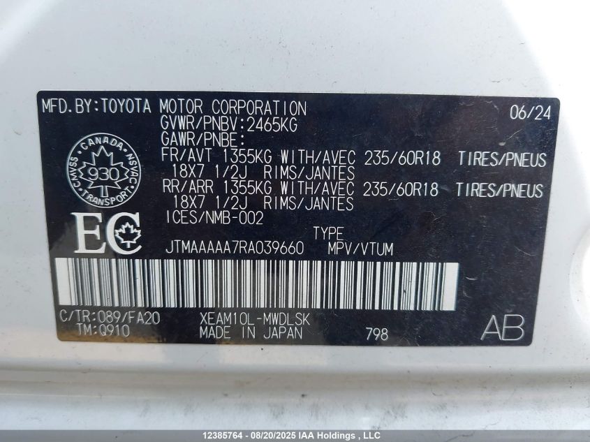 2024 Toyota Bz4X VIN: JTMAAAAA7RA039660 Lot: 12385764