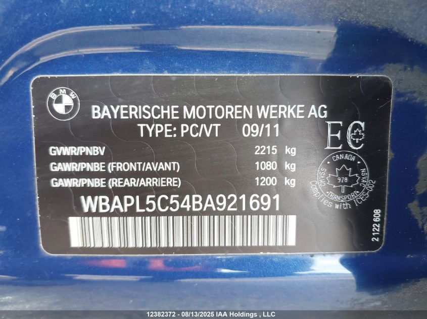 2011 BMW 335I xDrive VIN: WBAPL5C54BA921691 Lot: 12382372X