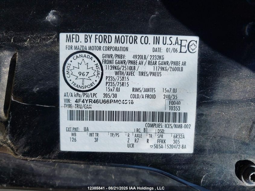 2006 Mazda B3000 Cab Plus VIN: 4F4YR46U66PM04518 Lot: 12385841