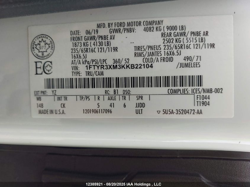 2019 Ford Transit-250 VIN: 1FTYR3XM3KKB22104 Lot: 12385921