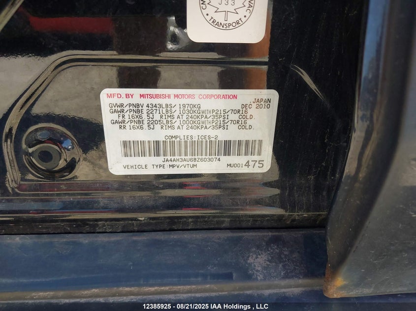 2011 Mitsubishi Rvr Se VIN: JA4AH3AU6BZ603074 Lot: 12385925