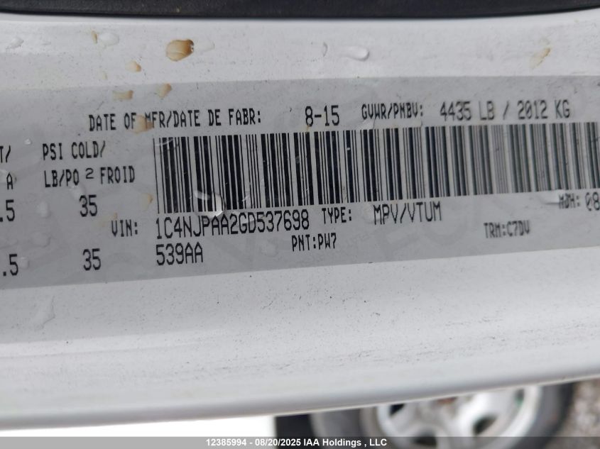 2016 Jeep Patriot VIN: 1C4NJPAA2GD537698 Lot: 12385994