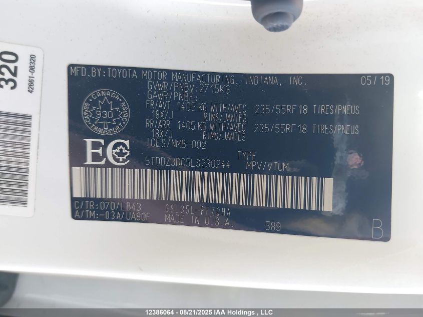 2020 Toyota Sienna Xle/Xle Premium/Limited/Limited Premium VIN: 5TDDZ3DC5LS230244 Lot: 12386064