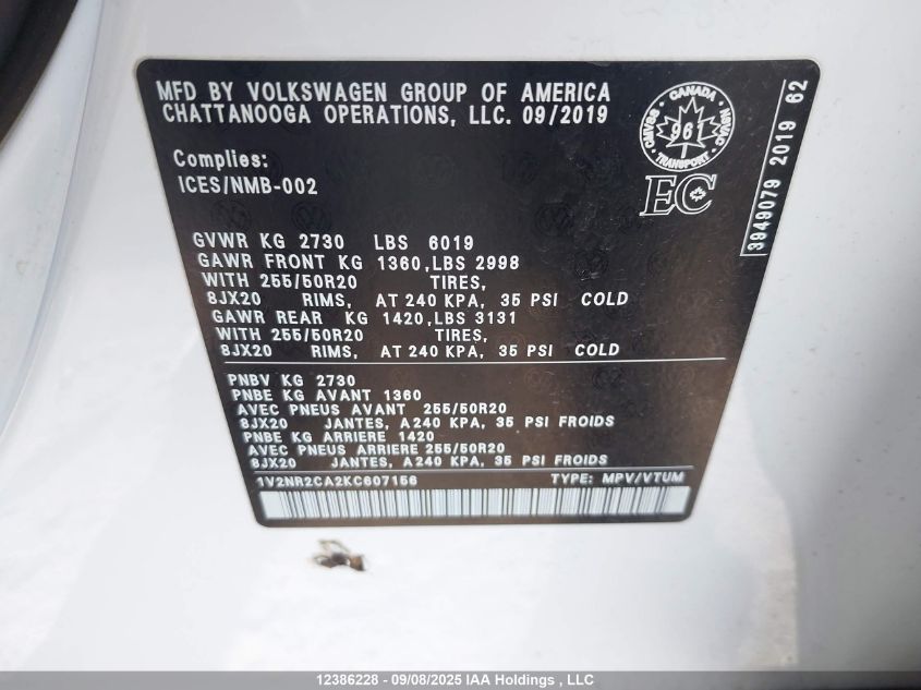 2019 Volkswagen Atlas 3.6 Fsi Execline VIN: 1V2NR2CA2KC607156 Lot: 12386228