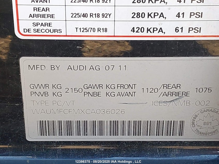 2012 Audi A3 2.0T Progressiv VIN: WAUMFCFMXCA036026 Lot: 12386375