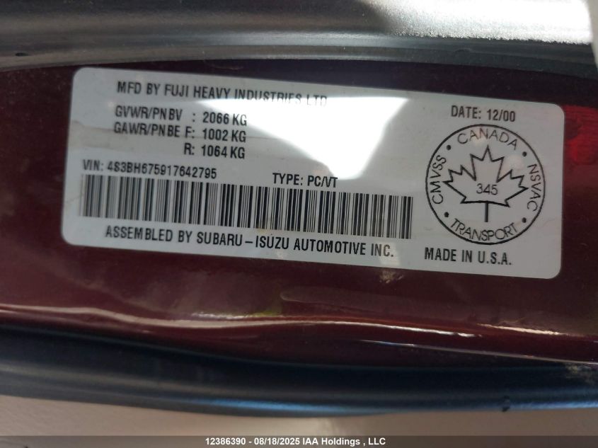 2001 Subaru Outback VIN: 4S3BH675917642795 Lot: 12386390