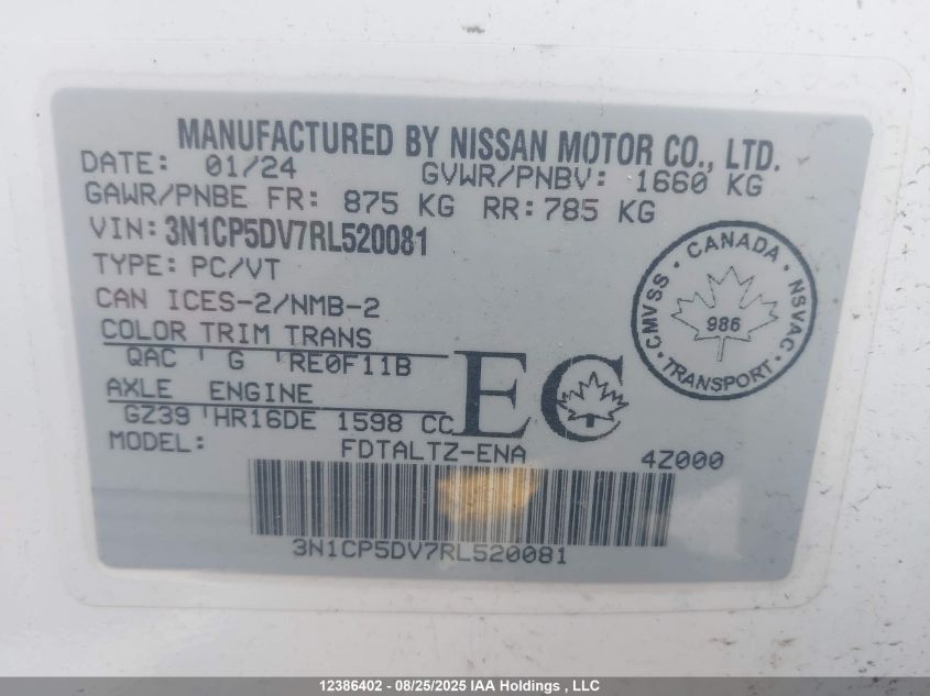 2024 Nissan Kicks Sr VIN: 3N1CP5DV7RL520081 Lot: 12386402