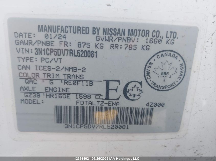 2024 Nissan Kicks Sr VIN: 3N1CP5DV7RL520081 Lot: 12386402