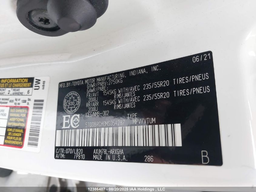 2021 Toyota Highlander Hybrid Hybrid VIN: 5TDDBRCH0MS054287 Lot: 12386487