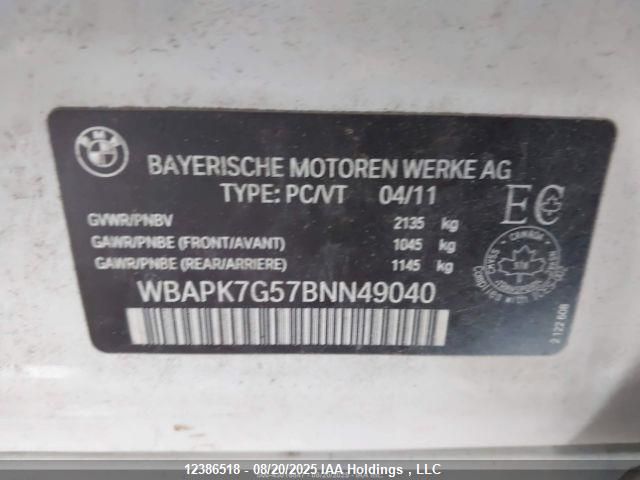 2011 BMW 3 Series VIN: WBAPK7G57BNN49040 Lot: 12386518