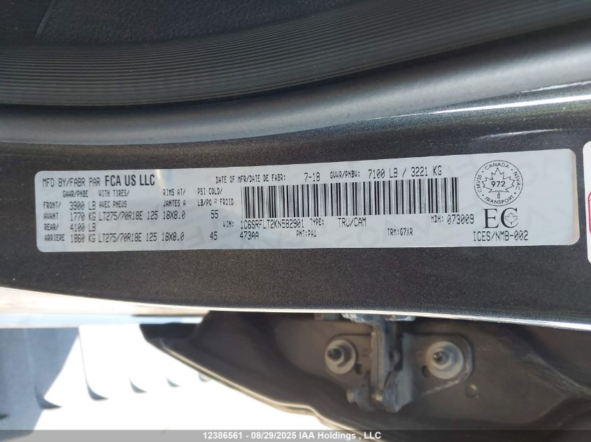 2019 Ram 1500 Rebel VIN: 1C6SRFLT2KN582901 Lot: 12386561