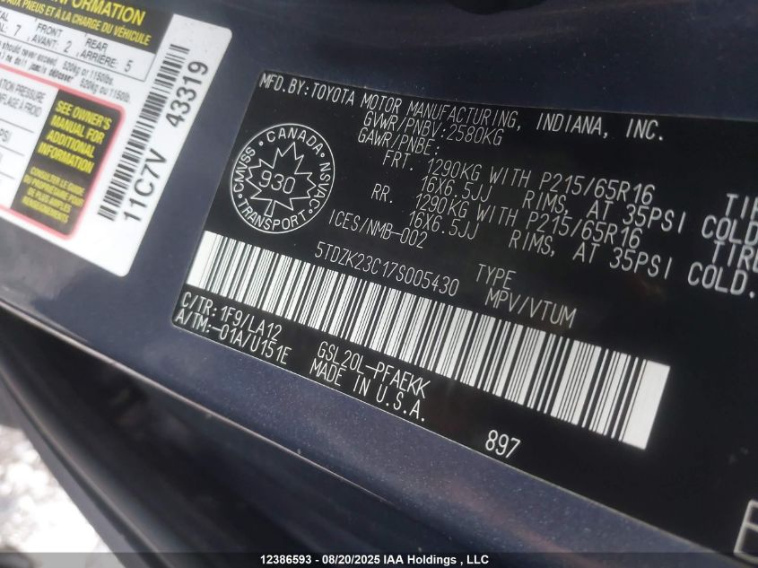 2007 Toyota Sienna VIN: 5TDZK23C17S005430 Lot: 12386593