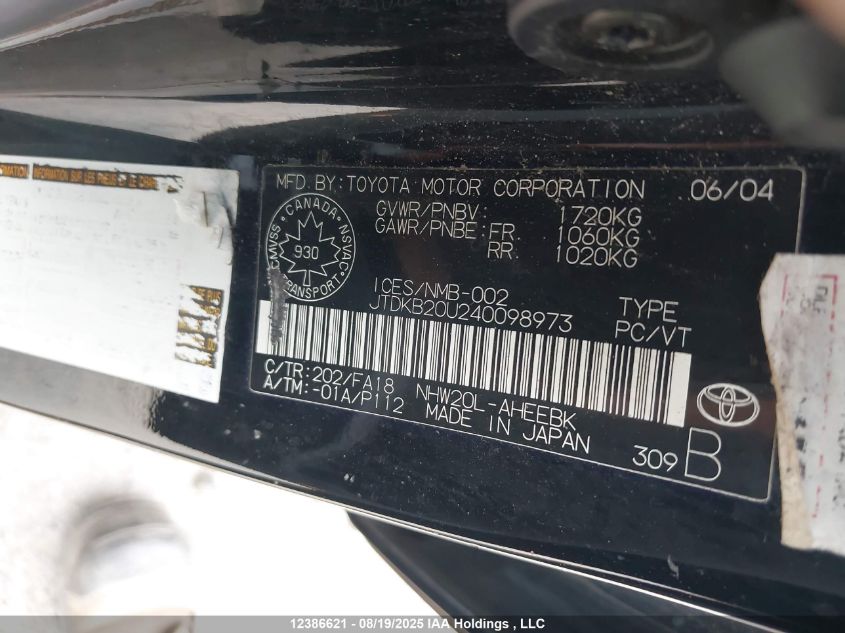 2004 Toyota Prius VIN: JTDKB20U240098973 Lot: 12386621