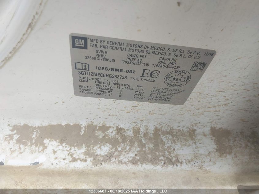 2017 GMC Sierra K1500 Sle VIN: 3GTU2MEC0HG283738 Lot: 12386687