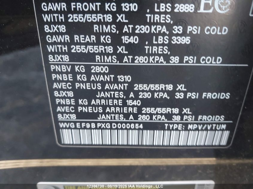 2016 Volkswagen Touareg 3.6L Comfortline/3.6L Execline/3.6L Highline/3.6L Sportline VIN: WVGEF9BPXGD000654 Lot: 12386730