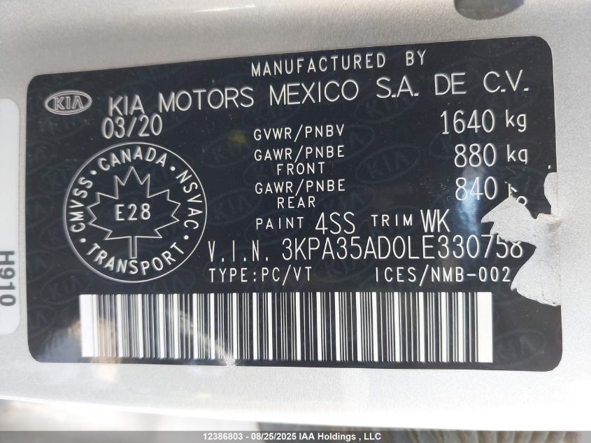 2020 Kia Rio Ex/Ex Sport VIN: 3KPA35AD0LE330758 Lot: 12386803