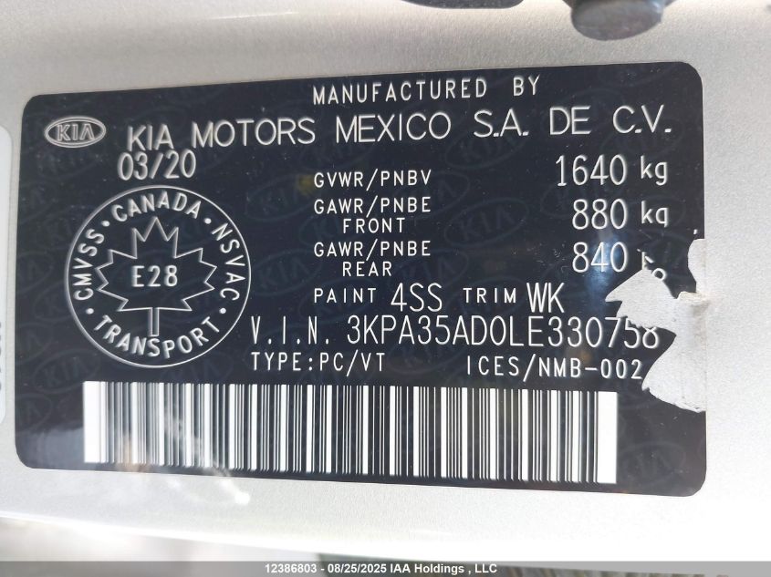 2020 Kia Rio Ex/Ex Sport VIN: 3KPA35AD0LE330758 Lot: 12386803