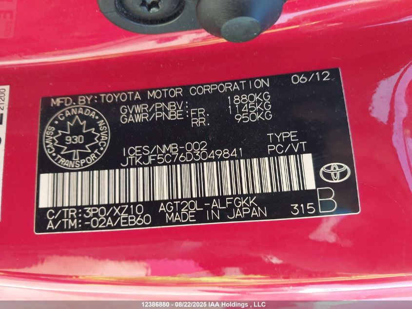 2013 Scion Tc VIN: JTKJF5C76D3049841 Lot: 12386880