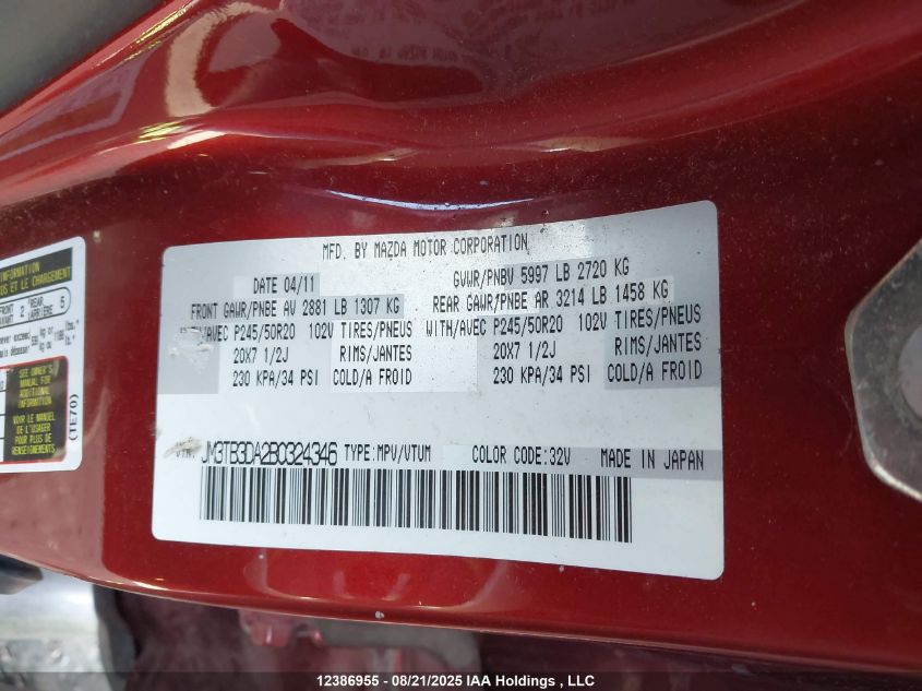 2011 Mazda Cx-9 Gt VIN: JM3TB3DA2B0324346 Lot: 12386955