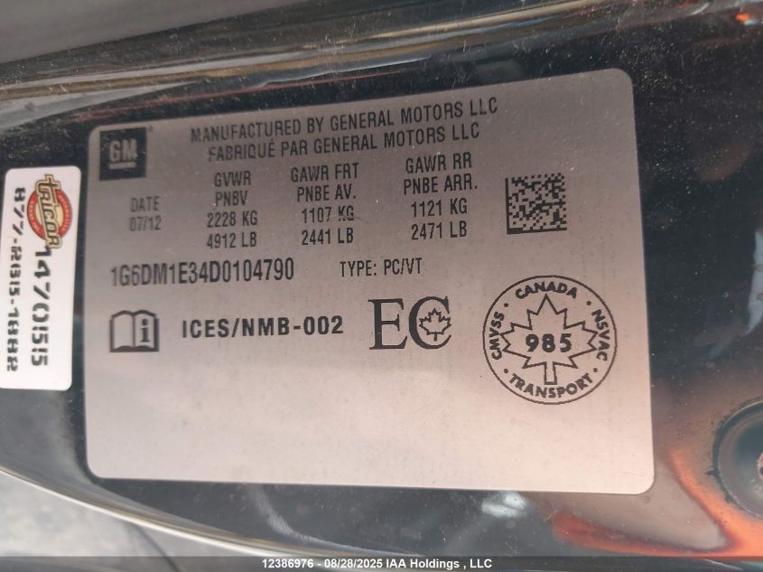 2013 Cadillac Cts VIN: 1G6DM1E34D0104790 Lot: 12386976