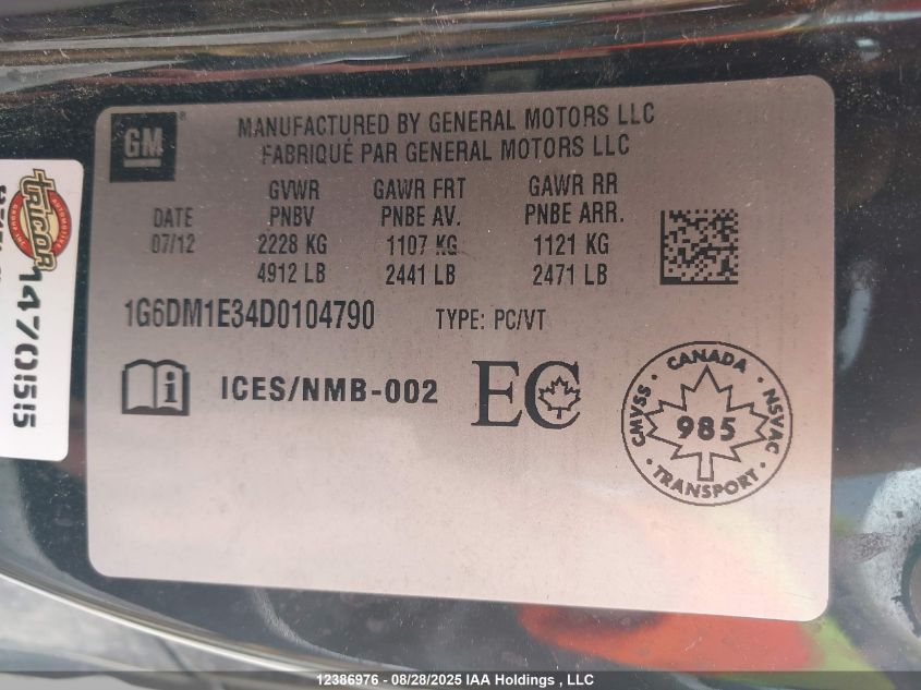 2013 Cadillac Cts VIN: 1G6DM1E34D0104790 Lot: 12386976