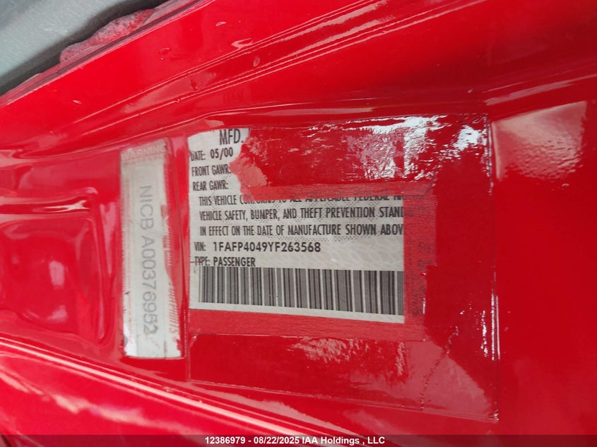 2000 Ford Mustang VIN: 1FAFP4049YF263568 Lot: 12386979