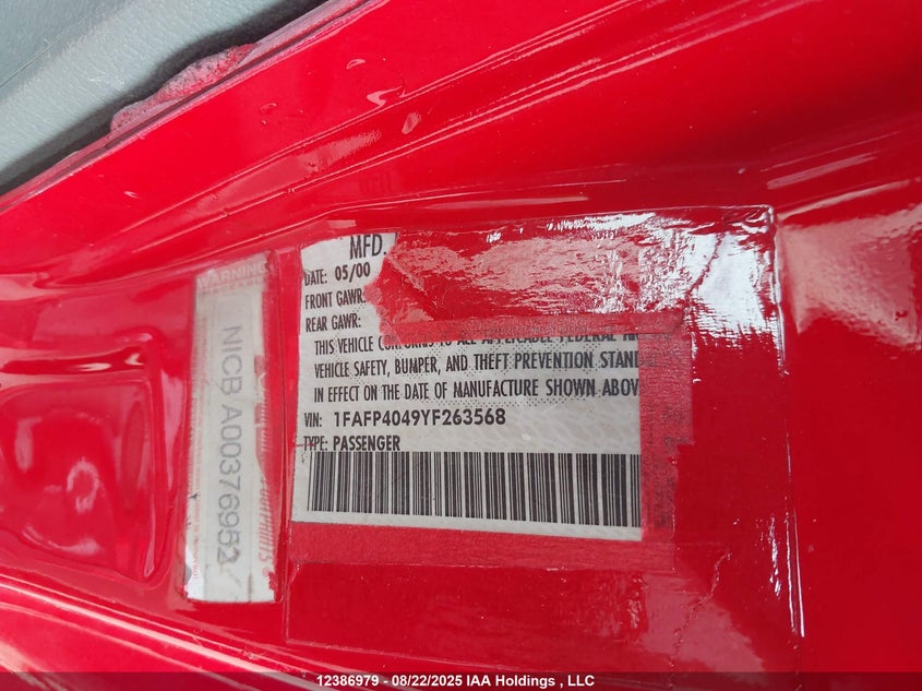 2000 Ford Mustang VIN: 1FAFP4049YF263568 Lot: 12386979