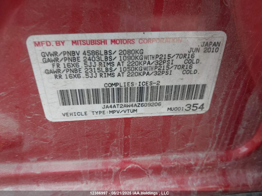 2010 Mitsubishi Outlander Es VIN: JA4AT2AW4AZ609206 Lot: 12386997