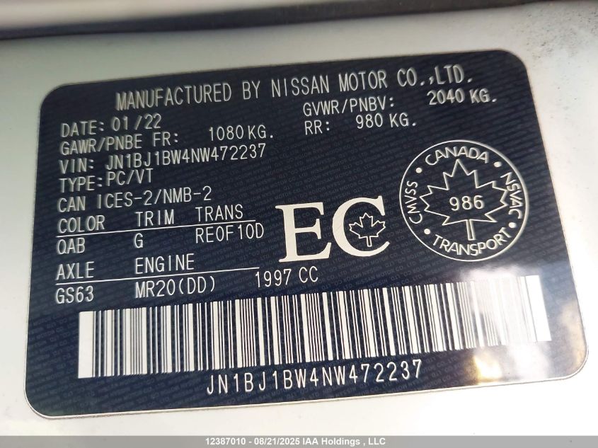 2022 Nissan Qashqai Sl/Sv VIN: JN1BJ1BW4NW472237 Lot: 12387010