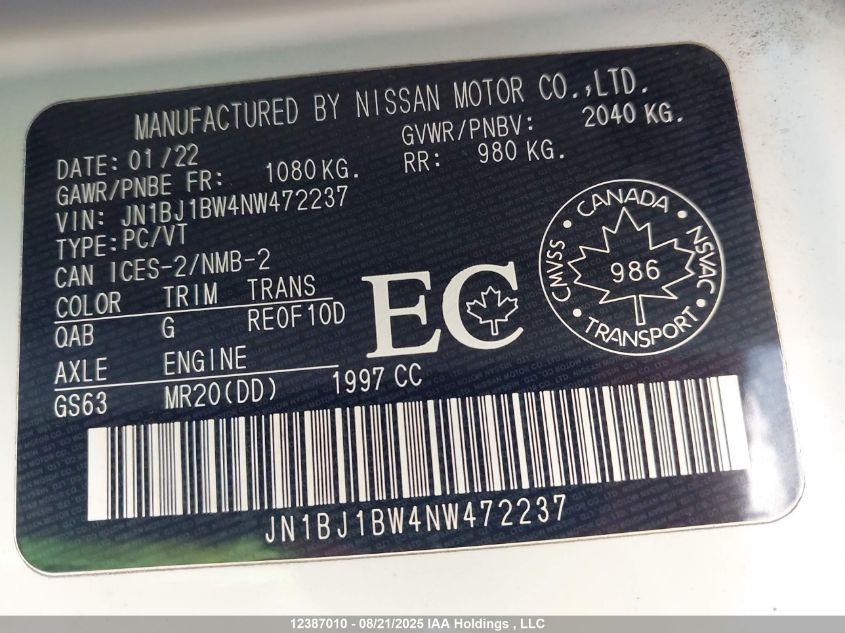 2022 Nissan Qashqai Sl/Sv VIN: JN1BJ1BW4NW472237 Lot: 12387010