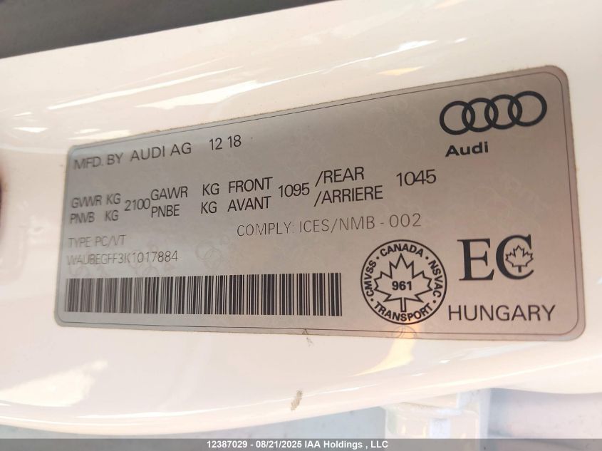 2019 Audi A3 VIN: WAUBEGFF3K1017884 Lot: 12387029