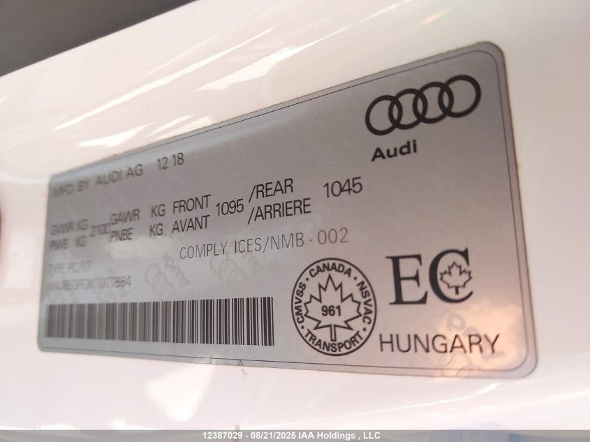 2019 Audi A3 VIN: WAUBEGFF3K1017884 Lot: 12387029