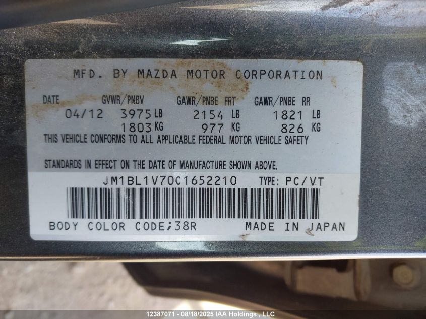 2012 Mazda 3 I VIN: JM1BL1V70C1652210 Lot: 12387071