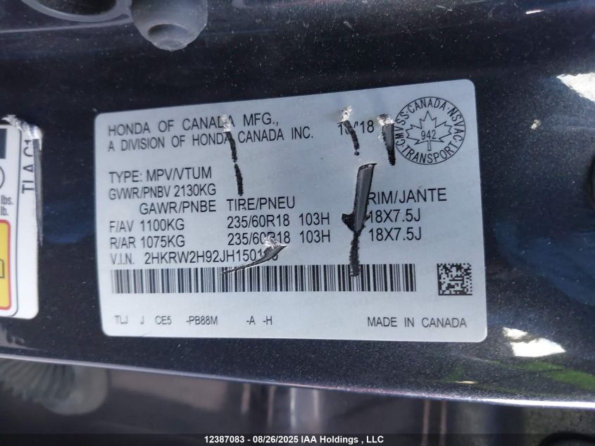 2018 Honda Cr-V VIN: 2HKRW2H92JH150166 Lot: 12387083