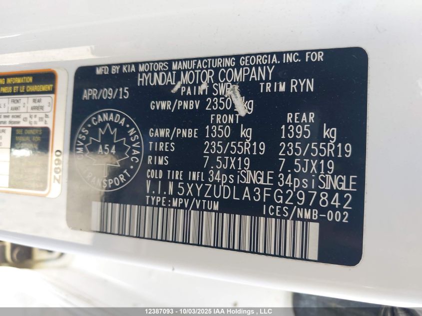 2015 Hyundai Santa Fe VIN: 5XYZUDLA3FG297842 Lot: 12387093