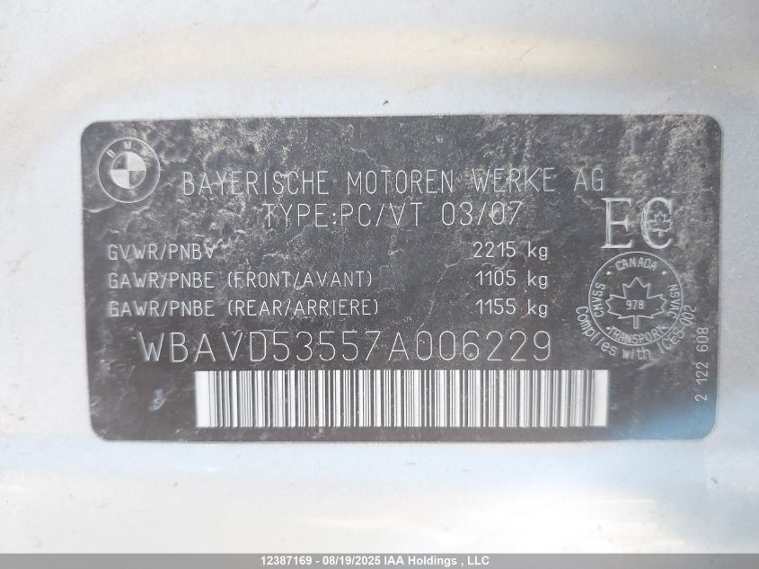 2007 BMW 335Xi VIN: WBAVD53557A006229 Lot: 12387169