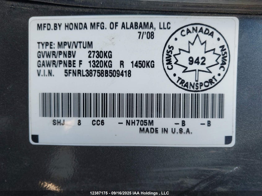5FNRL38758B509418 2008 HONDA ODYSSEY photo no. 18