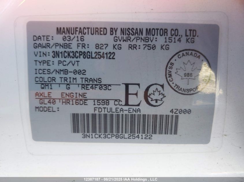 2016 Nissan Micra VIN: 3N1CK3CP8GL254122 Lot: 12387187