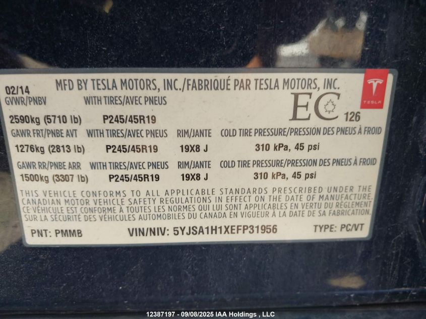 2014 Tesla Model S VIN: 5YJSA1H1XEFP31956 Lot: 12387197