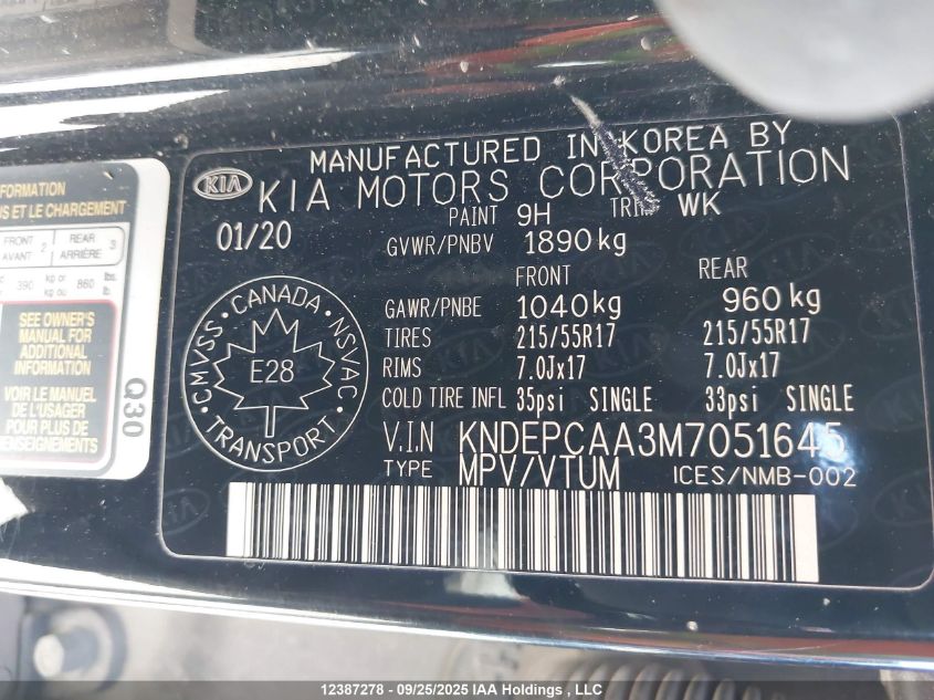 2021 Kia Seltos Lx VIN: KNDEPCAA3M7051645 Lot: 12387278