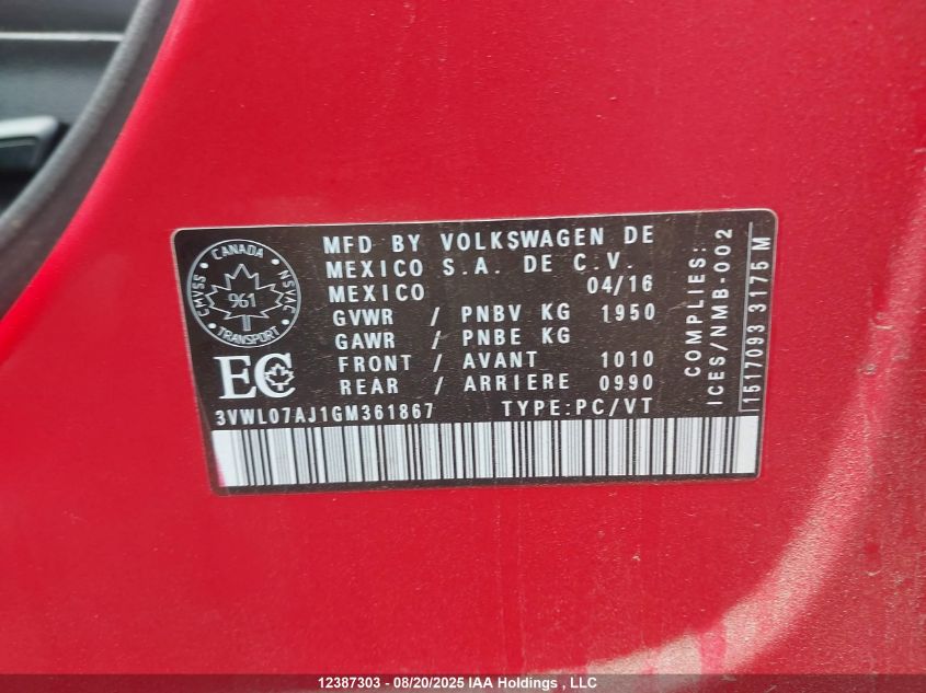 2016 Volkswagen Jetta Sedan VIN: 3VWL07AJ1GM361867 Lot: 12387303