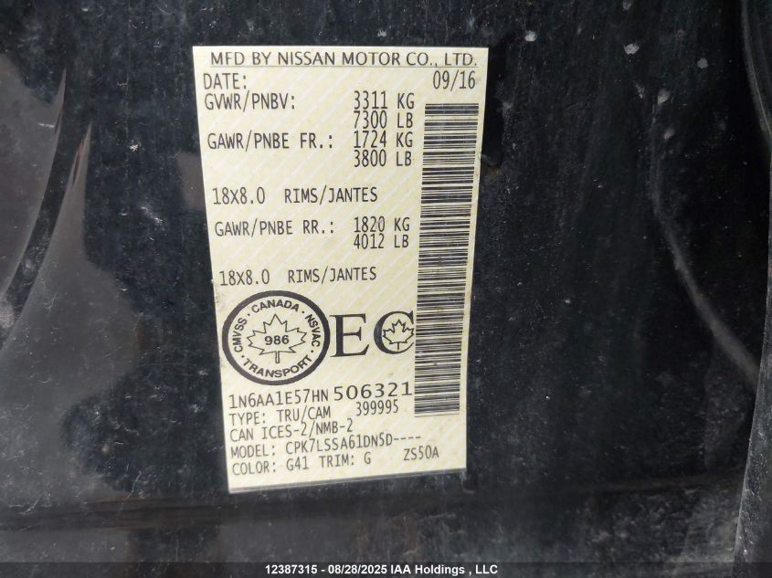 2017 Nissan Titan Platinum Reserve/Pro-4X/S/Sl/Sv VIN: 1N6AA1E57HN506321 Lot: 12387315