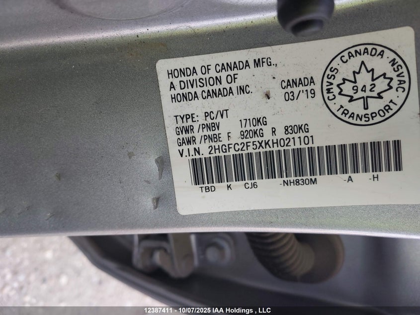 2HGFC2F5XKH021101 2019 HONDA CIVIC photo no. 9