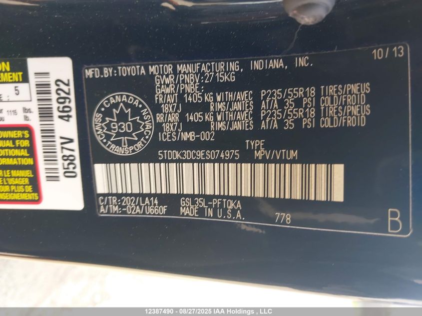 2014 Toyota Sienna Xle/Limited VIN: 5TDDK3DC9ES074975 Lot: 12387490