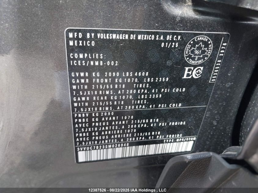 2025 Volkswagen Taos Se VIN: 3VVUC7B23SM026948 Lot: 12387526