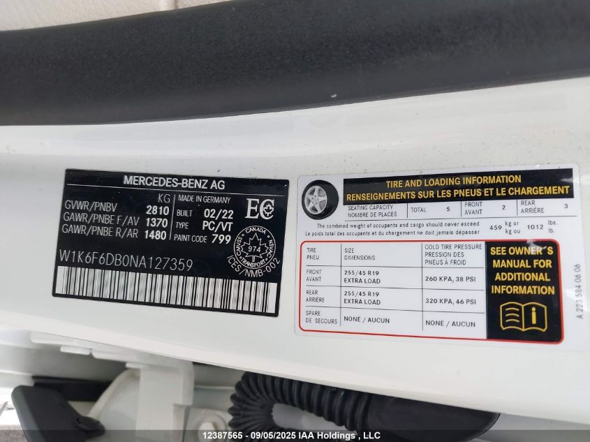 2022 Mercedes-Benz S 500 4Matic VIN: W1K6F6DB0NA127359 Lot: 12387565
