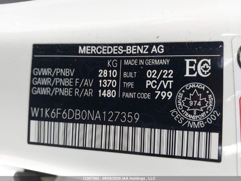 2022 Mercedes-Benz S 500 4Matic VIN: W1K6F6DB0NA127359 Lot: 12387565