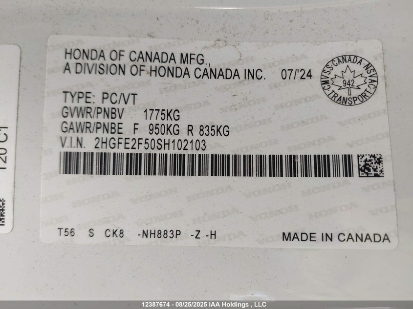 2HGFE2F50SH102103 2025 HONDA CIVIC photo no. 19