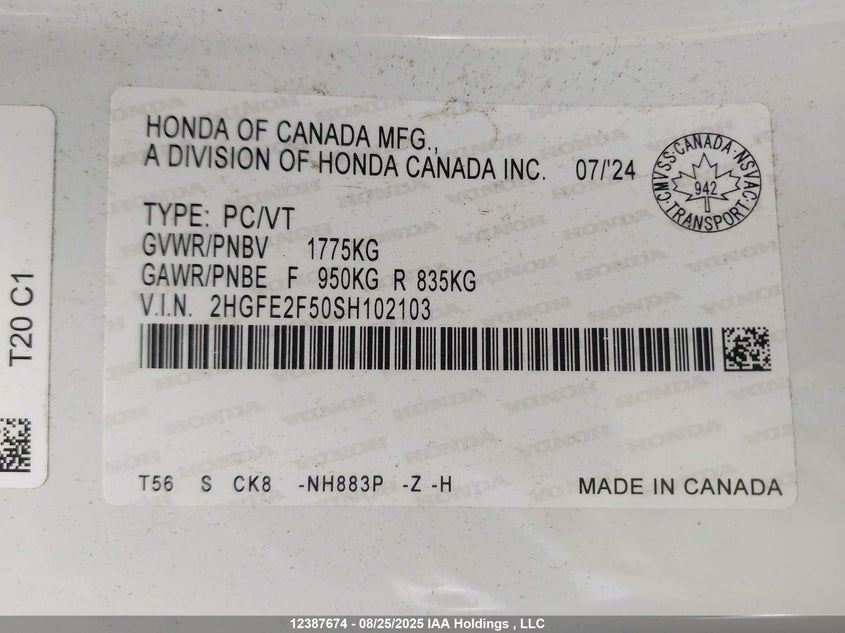 2HGFE2F50SH102103 2025 HONDA CIVIC photo no. 9