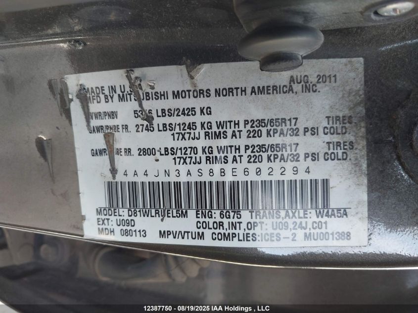 2011 Mitsubishi Endeavor Se VIN: 4A4JN3AS8BE602294 Lot: 12387750